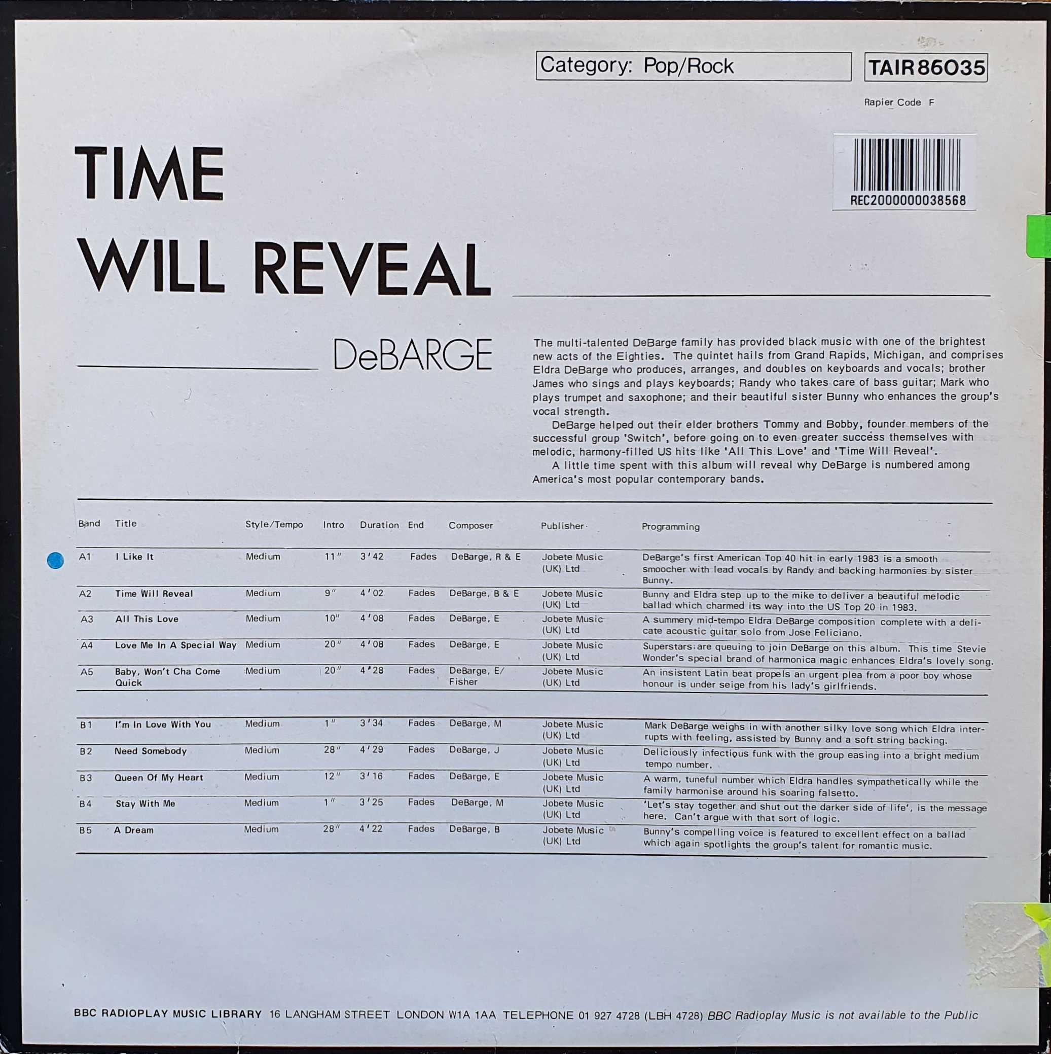 Picture of TAIR 86035 Time will reveal by artist DeBarge from the BBC records and Tapes library
